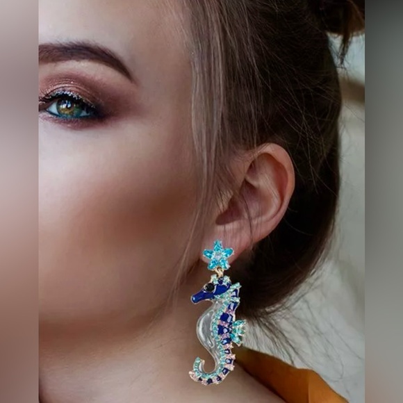 Blue Seahorse Rhinestone Statement Earrings Length 2.5” - Picture 8 of 8
